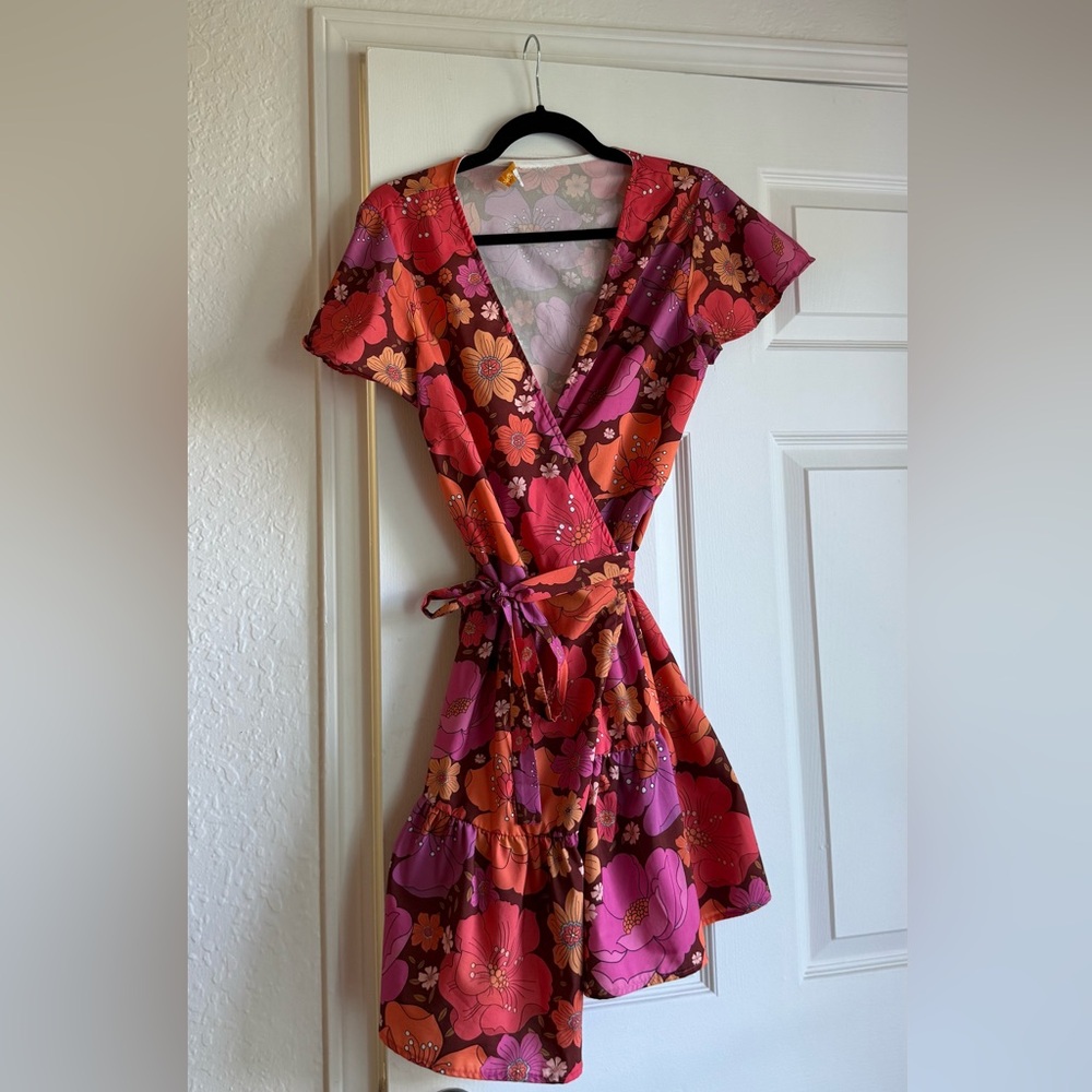 YESTERDAY PEOPLE Ruffle Wrap Mini Dress in Just Lovely Magenta